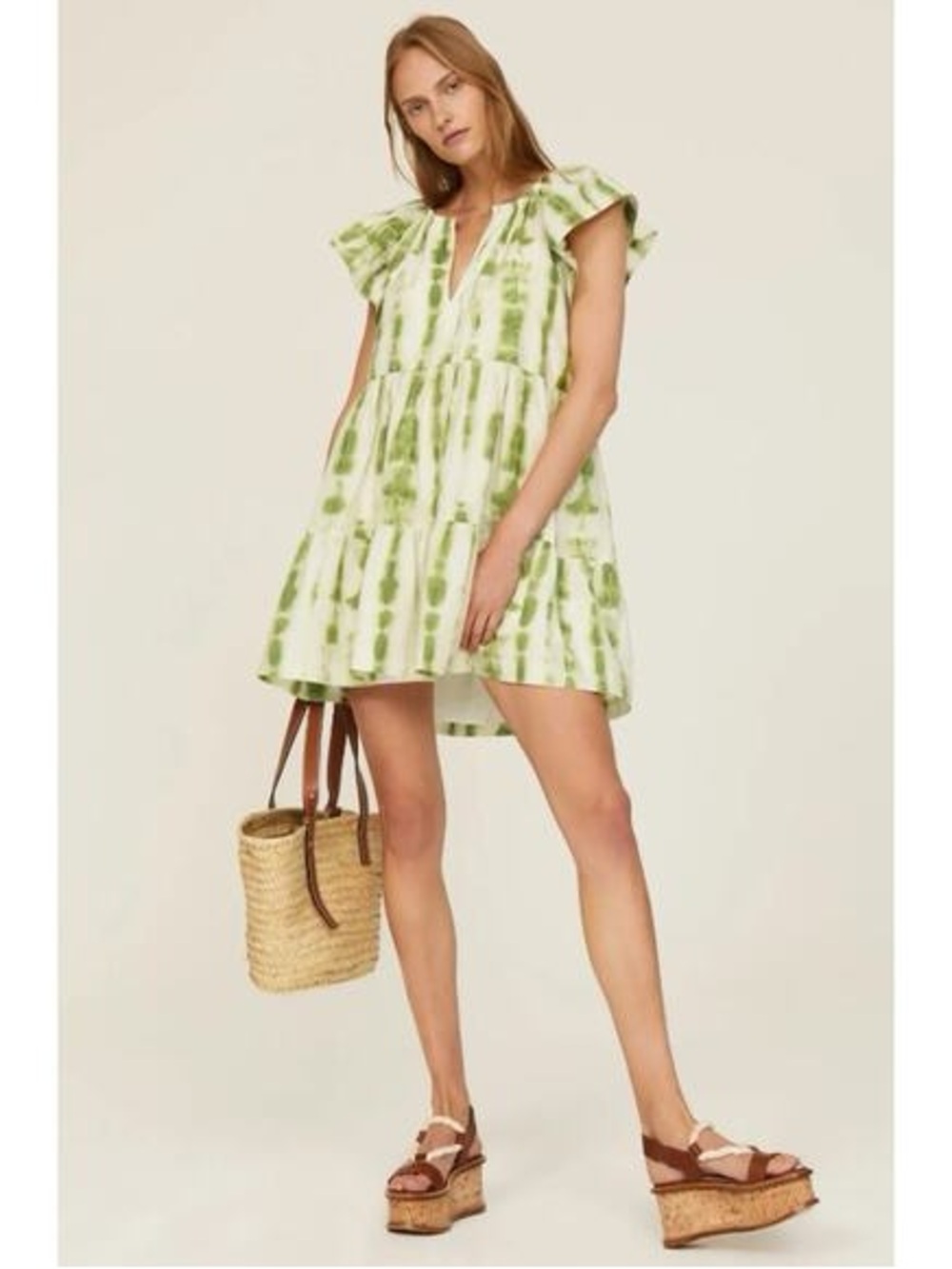Marie Oliver Kara Dress in Green Tie Dye V-Neck Flutter Sleeve Sundress